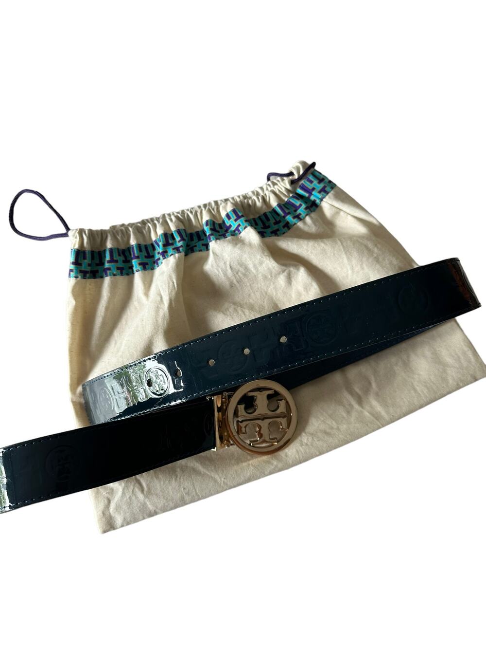tory burch women classic monogram logo dark blue belt 1.5 Width 46/115